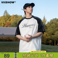 viishow純棉拼接撞色插肩袖T恤男夏季純棉休閑寬松情侶體恤復(fù)古印花T恤 白灰 M