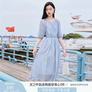 香影溫柔風(fēng)粉色連衣裙女2025夏季新款超好看五分袖海邊度假沙灘裙 藍(lán)色 S
