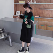 ROAR UTHAUG撞色拼接刺繡衛衣裙長(cháng)款過(guò)膝胖MM特大碼300斤春秋寬松顯瘦連衣裙 黑色（不加絨） L 90-120斤