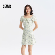 森馬（Semir）連衣裙女泡泡袖碎花雪紡裙森系2024新款夏季方領(lǐng)收腰短裙俏皮 白色調00311-短款 S