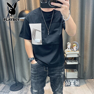 花花公子（PLAYBOY）短袖T恤男士2025夏季新款高端純棉拼接休閑潮體恤衫 黑色 2XL 145-160斤