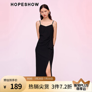 紅袖2024春季新款女裝 前開(kāi)叉荷葉邊拼接收腰V領(lǐng)套頭吊帶連衣裙 黑050 XS