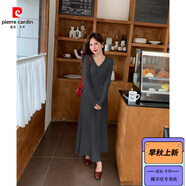 皮爾卡丹（pierre cardin）溫柔風(fēng)氣質(zhì)V領(lǐng)長(cháng)袖針織連衣裙女秋冬配大衣修身顯瘦內搭打底長(cháng)裙 碳灰色 S 建議80-95體重