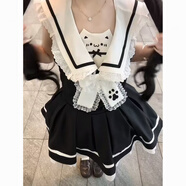 甜美減齡可愛(ài)少女洛麗塔撞色拼接蕾絲海軍洋氣蓬蓬連衣裙清新 連衣裙(后背鏤空) 現貨速發(fā) XS