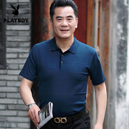 花花公子（PLAYBOY）爸爸裝衣服上衣短袖t恤40-50歲老年人男裝爺爺體恤衫中年男士夏裝 官方旗艦短袖-807藏青 M 165碼建議120斤以下