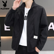 花花公子（PLAYBOY OUTDOOR）時(shí)尚夾克男春秋裝韓版潮流短款外套男士上衣翻領(lǐng)純色休閑百搭男裝 黑色 XL