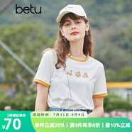 betu百圖女裝撞色圓領(lǐng)短袖T恤貝殼釘珠印花T2104T68 白色 S