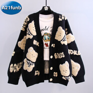 A 21 FUNB2025秋冬新款毛衣外套女韓版寬松慵懶風(fēng)外穿洋氣長(zhǎng)袖針織開(kāi)衫上衣 黑色 S