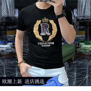 OLOMM歐洲站短袖T恤男潮牌個(gè)性重工刺繡字母夏季新款修身半袖打底衫男 皇冠刺繡黑色 2XL
