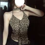 樂(lè )卡利 豹紋掛脖吊帶背心女一片式性感辣妹前扣上衣美式外穿內搭帶絲帶 豹紋掛脖吊帶【花色M 100內】