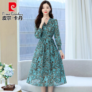 皮爾卡丹歐美碎花長(cháng)袖連衣裙女春秋新款法式裹身長(cháng)款桔梗裙收腰雪紡中長(cháng)裙 墨綠色 M 建議85-100斤