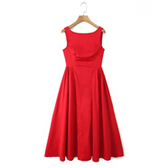 YNWWGW2025春夏法式簡(jiǎn)約氣質(zhì)收腰無(wú)袖長(cháng)裙女船領(lǐng)束腰露背A字連衣裙 紅色 L