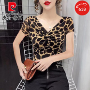 皮爾卡丹（pierre cardin）短袖上衣女歐洲站2025夏季新款時(shí)尚豹紋印花性感V領(lǐng)修身網(wǎng)紗T恤 U11-短袖【豹紋】 2XL 建議130-140斤