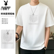 花花公子新款男裝設計感小眾T恤短袖潮流ins純色簡(jiǎn)約青少年休閑薄款體恤衫 白色 XL (適合120-140斤)