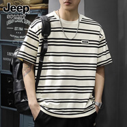 JEEP SPIRIT正品吉普高端短袖男2025夏季新款條紋t恤男大碼美式半袖上衣男 6303杏色T恤 XL 碼  推薦體重145-165斤