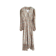 韓國imis*syouV領(lǐng)收腰系帶碎花裙溫柔甜美雪紡裙一片式長(cháng)裙春夏 橘黃色 L