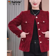 啄木鳥小香風(fēng)毛呢短款外套女冬季新款小個子中老年顯瘦百搭減齡潮上衣 紅色不加棉 紅色不加棉 XL 建議85-105斤