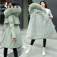 啄木鳥派克服棉衣2025年秋冬新款羽絨棉服女韓版氣質(zhì)中長(zhǎng)款棉襖外套女潮 豆綠色(送毛領(lǐng)) 6XL _建議185-200斤