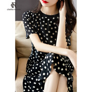 clotho Rennie品牌女裝黑色連衣裙女2025夏季新款波點(diǎn)氣質(zhì)復(fù)古遮肚子顯瘦中裙 黑色 S