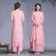 FHHUABD甜美仙氣文藝復古民族中國風(fēng)禪意茶服套裝女兩件套白色休 #8088粉衣+粉褲 2XL  建議135-160斤