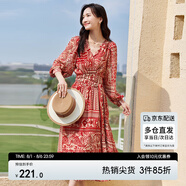 尚都比拉春秋中長(zhǎng)款印花紅色連衣裙氣質(zhì)女神范顯瘦度假裙子 紅花 M 