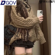 DGOV加厚版韓國V領(lǐng)麻花燈籠袖套頭毛衣女春秋新款慵懶寬松針織上衣 棕色【版】zt M （95-110斤）