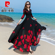 皮爾卡丹2025夏季新款韓版v領(lǐng)印花雪紡連衣裙女收腰氣質(zhì)大擺顯瘦沙灘長裙 黑底紅花 XL
