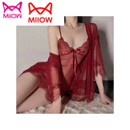 貓人（MiiOW）性感睡女2025新款絲綢蕾絲睡裙輕奢帶胸墊內吊帶網(wǎng)紗套裙 紅色睡裙+外袍 M