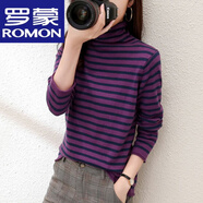 羅蒙（ROMON）100%純棉高領(lǐng)毛衣女士秋冬條紋堆堆領(lǐng)上衣內(nèi)搭加厚打底衫百搭女裝 高檔品牌紫色 3XL