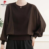 皮爾卡丹（pierre cardin）蝙蝠衫垂墜感寬松拼接蝙蝠袖圓領(lǐng)胖m妹套頭薄款上衣顯瘦針織衫 圓領(lǐng)拼接  咖色 高品質(zhì) XS