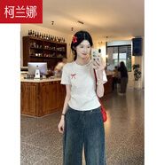 柯蘭娜白色不規(guī)則正肩短袖t恤女夏季新款韓系穿搭刺繡褶皺卡腰短款上衣 白花灰短袖 L （ 推薦105-115）
