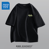 真維斯純棉短袖男夏季潮牌休閑百搭T恤衫青少年學生胖子半袖寬松上衣服 黑色(肌理山形胸標) 2XL /185(體重160-180斤左右)