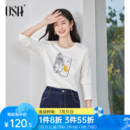 歐莎（OSA）印花長袖T恤女百搭打底衫內(nèi)搭2025年秋季新款大碼巨顯瘦上衣正肩 白色 XL