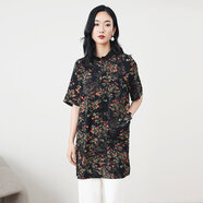 阿吉多短袖襯衫女夏款中長(cháng)款碎花小衫氣質(zhì)時(shí)尚開(kāi)叉遮屁股顯瘦上衣 花色 黑底 M  (109-120斤)