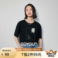 初語多款多色純棉t恤女2025年夏季新款圖案印花圓領短袖上衣 黑色-小鳥與貓咪GT529807 S