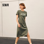 森馬（Semir）連衣裙女復古休閑中長(cháng)裙簡(jiǎn)約風(fēng)夏季小心機字母開(kāi)叉T恤裙顯瘦 綠色調00344 S