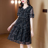 羅蒙胖媽媽夏裝大碼連衣裙短袖大擺碎花裙女新款寬松遮肚子顯瘦款洋氣 黑色 3XL 建議145-160斤