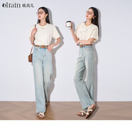 Olrain歐芮兒高腰牛仔褲女夏季2024年復(fù)古百搭寬松直筒長(zhǎng)褲 淺藍(lán)色 L