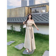 梵詩(shī)哲一字肩蕩領(lǐng)收腰上衣松緊腰半身裙大碼胖mm氣質(zhì)復古慵懶風(fēng)裙子套裝 套裝送腰帶赫本風(fēng)設計感/漂亮甜 e M 85-100斤