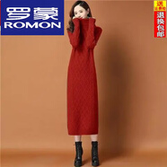 羅蒙（ROMON）長款毛衣裙過膝2024秋冬季新款高領大碼女裝羊毛針織連衣裙氣質 紅色 XL (建議115-125斤)