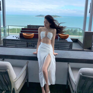 現寶蓮三亞旅行拍照沙灘裙女仙白色掛脖裹胸長(cháng)裙海邊度假穿搭兩件套裝 白色 S