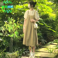 YOMC2024學(xué)院風(fēng)小清新背帶裙女夏季寬松韓版顯瘦收腰小個子連衣裙套裝 卡其色背帶裙 S _建議[65-105斤]