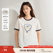 茵曼（INMAN）全棉萌寵印花短袖T恤女2025夏季撞色圓領(lǐng)減齡百搭舒適上衣 米白-藍(lán) L