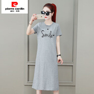 皮爾卡丹（pierre cardin）大碼女裝寬松顯瘦遮肚連衣裙女夏季超仙女2025新款中長(cháng)款短袖T恤 灰色【字母微笑圖案】 S 【建議70斤-95斤】