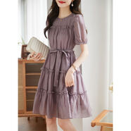 尚靜氣質(zhì)收腰荷葉邊連衣裙夏季款優(yōu)雅淑女風(fēng)中長(cháng)裙女 紫色   L   