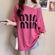 帛飾衣櫥短袖t恤女夏季2025新款露肩顯瘦寬松大碼純棉洋氣中長(cháng)款斜肩上衣 玫紅色 6605 M 碼(建議95-130斤)