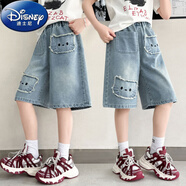 迪士尼（Disney）2025女童夏季刺繡牛仔五分褲松緊腰寬松中褲新中式薄款牛仔褲 貓咪貼布刺繡牛仔五分褲 140 【建議身高125-135cm】