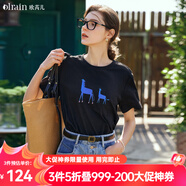 Olrain歐芮兒黑色短袖T恤女夏季新款精致繡花寬松百搭上衣 黑色 L