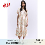 H&M女裝花卉連衣裙夏季甜美印花裙燈籠袖收腰中長(zhǎng)裙連身裙1244887 柔粉色/圖案 165/96 M