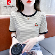 皮爾卡丹（pierre cardin）純棉條紋短袖t恤女2025夏季新款寬松顯瘦刺繡t恤百搭圓領(lǐng)上衣 1461#黑白條紋 M 建議100-109斤